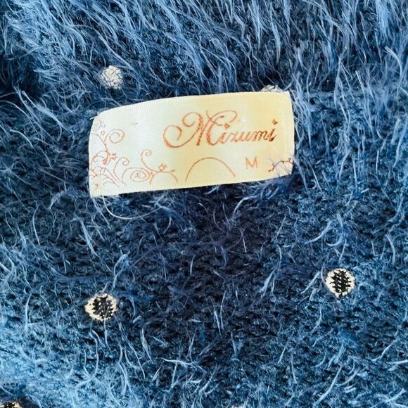 Mizumi navy blue polka dot eyelash knit sweater with crochet sequin collar sz M - Picture 8 of 8